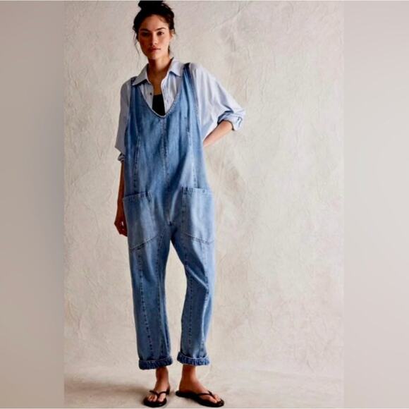 Free People We The Free High Roller Denim Jumpsuit Overalls L - Picture 1 of 5